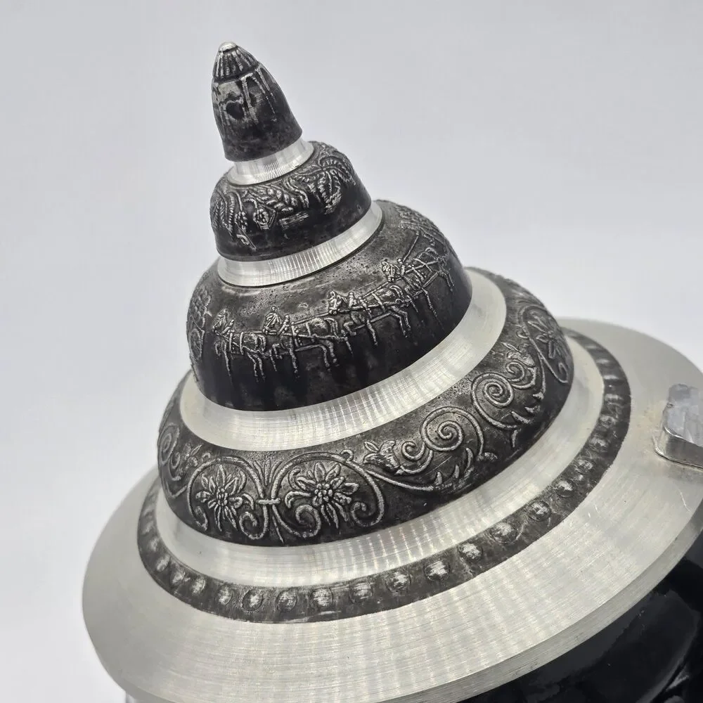 King Original Germany Horn Beer Stein Deutschland Pewter Lid Black Ceramic